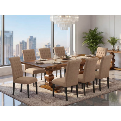 9 Piece Dining Set Includes a Rectangle Dining Room Table with Removable Leaf and 8 Light Sable Linen Fabric Upholstered Chairs, Walnut