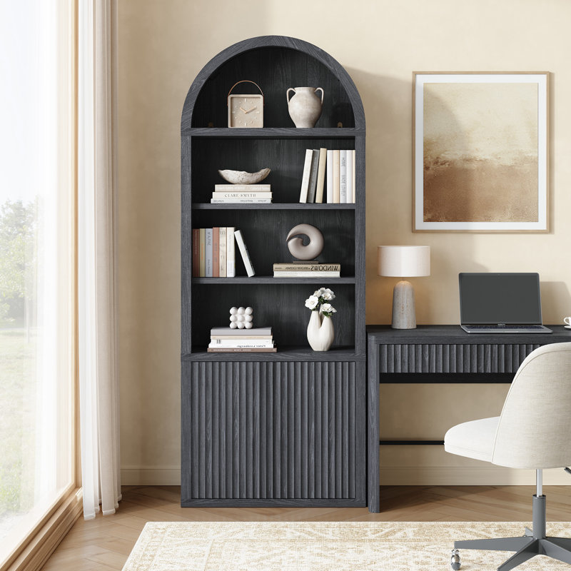 Bibliothèque à 5 niveaux avec 2 portes cannelées et tablettes réglables, Aulne gris foncé, 2