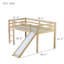 Lit simple mezzanine bas avec glissade, échelle, barrières de sécurité, lit mezzanine simple en bois d'hévéa, naturel