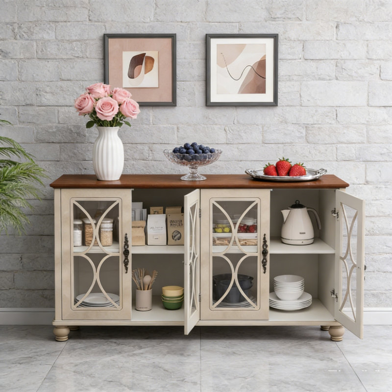Elegant Storage Cabinet with Tempered Glass Doors, Beige