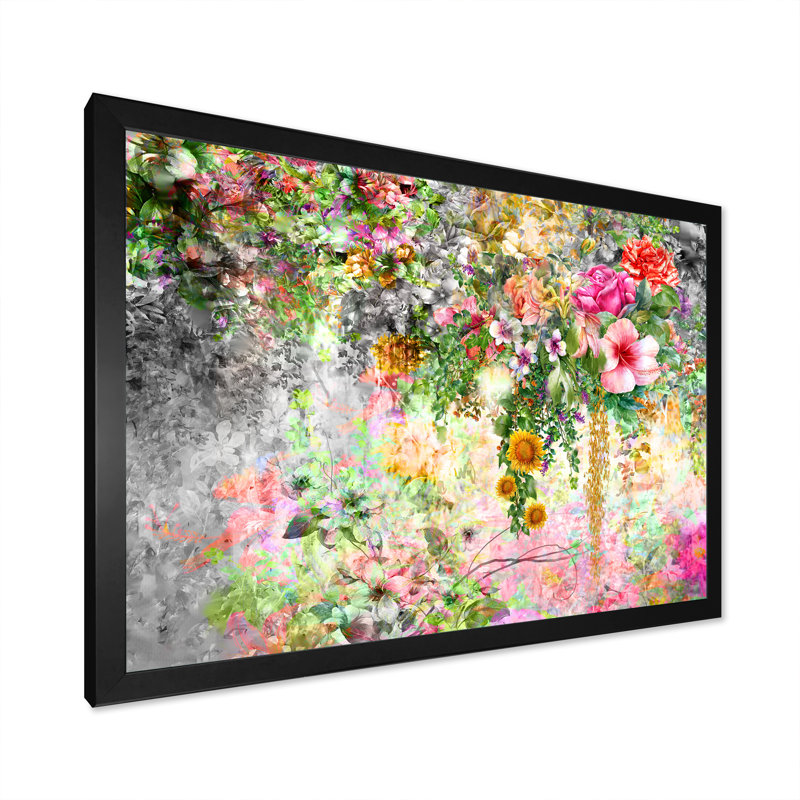 «Modern Pink and Green Summer Garden IV», reproduction sur toile flottante, H 8 po x l 12 po x P 1 po, Cadre noir