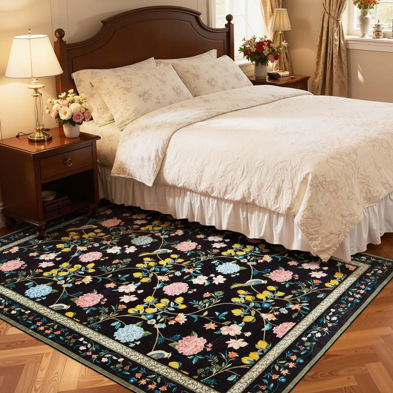 Botanical Floral Washable Non-Slip Area Rug, 5'x 7', Black