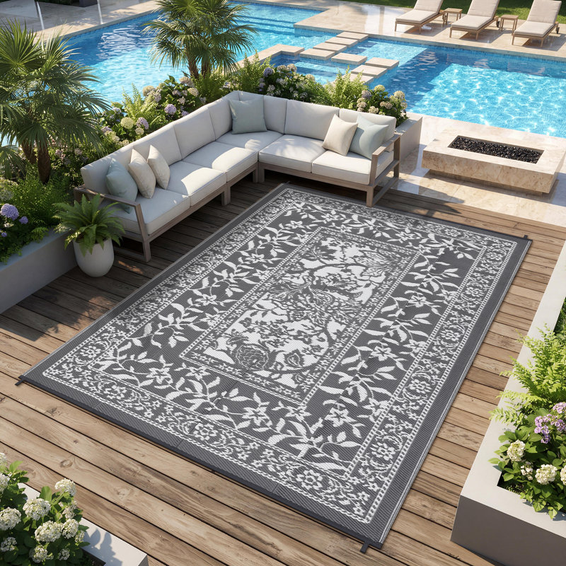 Reversible Outdoor Plastic Rug 9x12ft, Grey/White - Waterproof, Easy Clean, UV Resistant Patio Mat, Low Pile Striped Carpet for Garden, Camping, RV