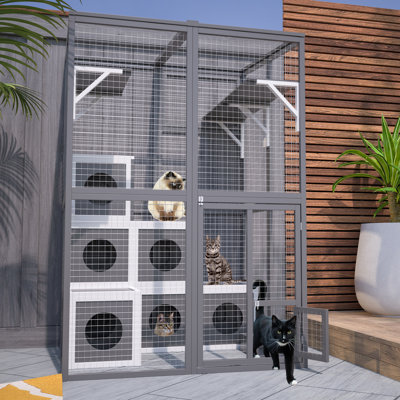 Cat Enclosure with Cozy Hiding Cubes and Three-Door Access for Multiple animal types