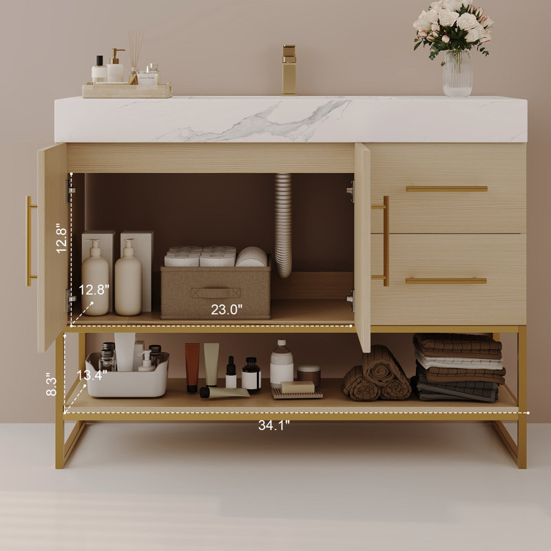 36" Modern Bathroom Vanity With Ceramic Sink & Gold Handls, Freestanding Wood Cabinet With 2 Drawers For Bathroom Storage