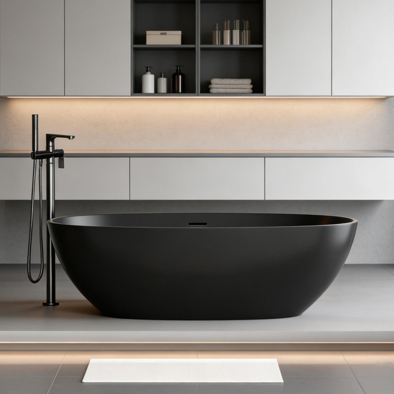 65" Matte Black Freestanding Solid Surface Bathtub, Matte Black
