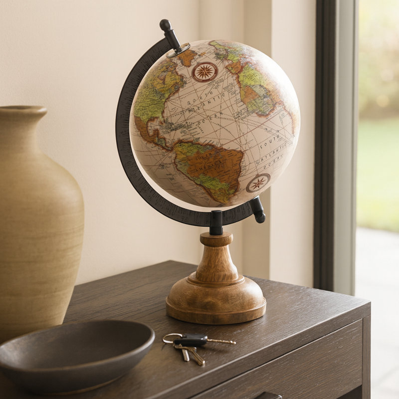 Decorative Globe With Wood Base For Home Decor - Modern Sculpture For Study Rooms, Living Room, Or Shelf Accent - 12", Brown & Tan