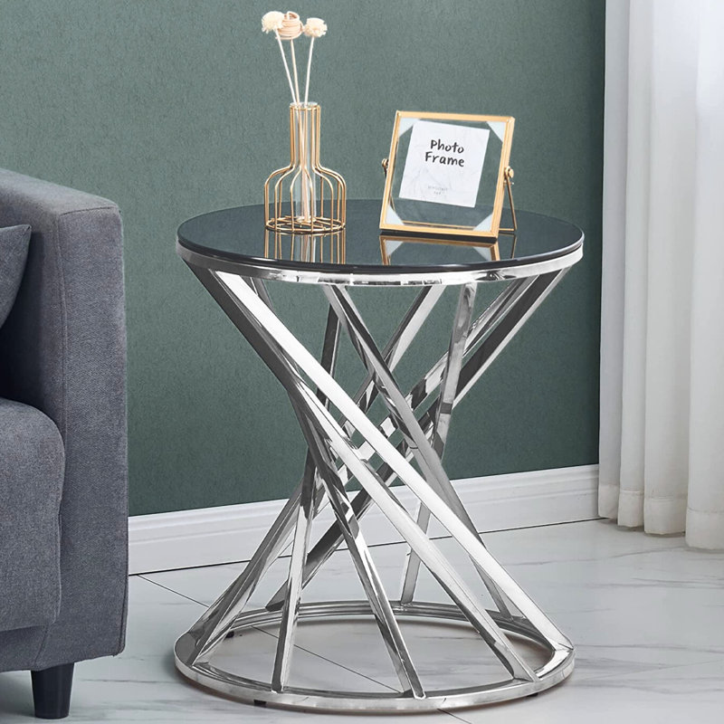 Aatifa High End 50cm Round Side Table for Living Room with Dark Tempered Glass and Gold/Chrome Stainless Steel Frame, Chrome