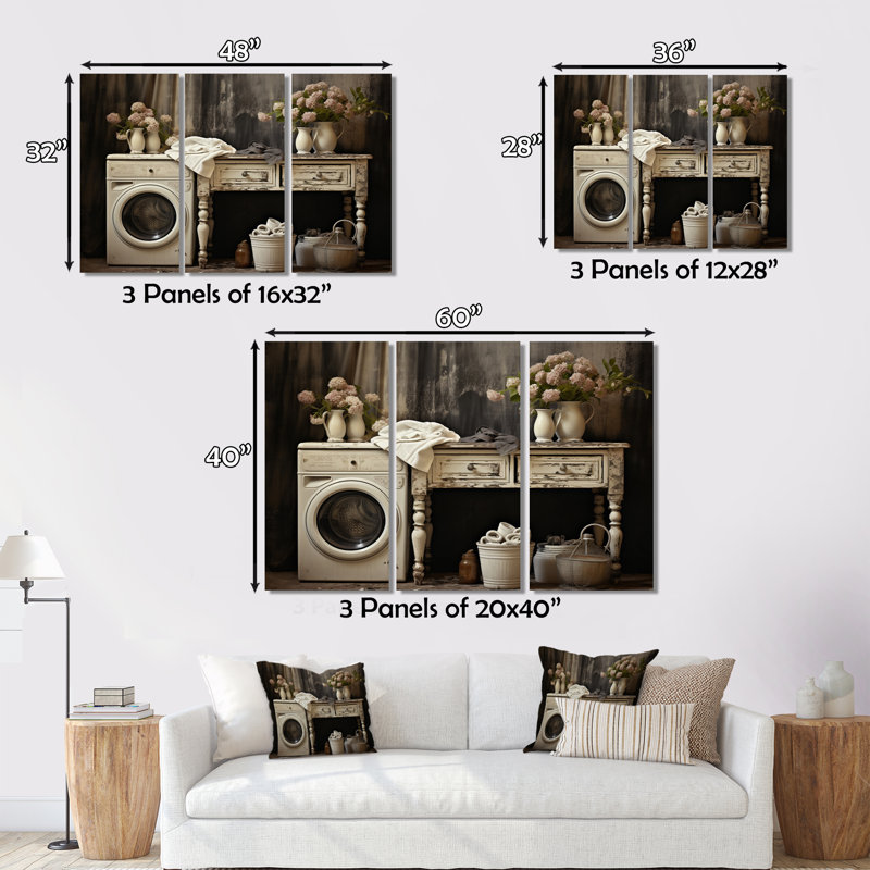 «Farmhouse Laundry Charm II», reproduction sur toile 3 pièces, H 32 po x l 48 po x P 1 po