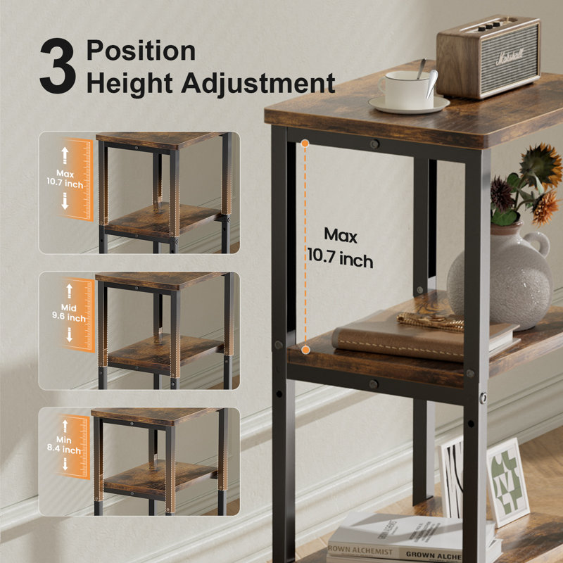 Table d'appoint à 3 niveaux, table de bout à hauteur réglable avec tablette de rangement, table de chevet pour chambre à coucher, salon, bureau et tout petit espace, brun rustique facile à assembler
