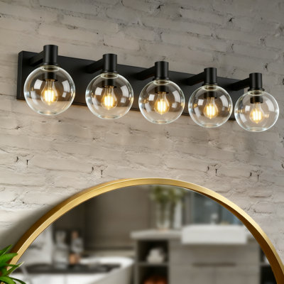 Luminaires de salle de bain, 5 lumières de meuble-lavabo modernes noires avec abat-jour en verre transparent, miroir de salle de bain