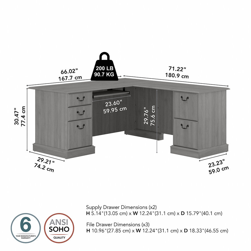 Bureau d'ordinateur en L réversible avec tiroirs Raker, Gris moderne