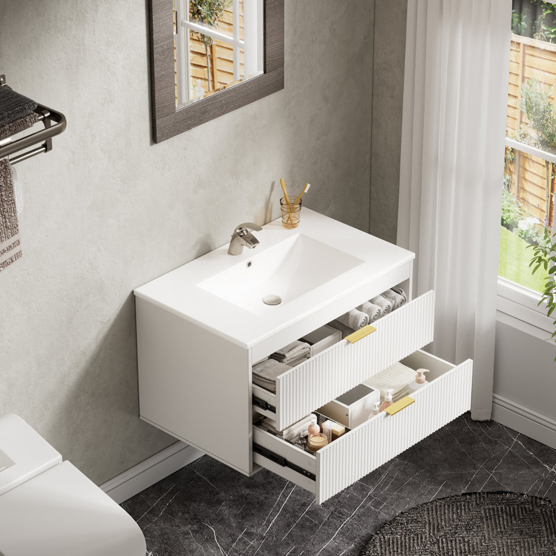 Meuble-lavabo 30 po avec lavabo et tiroirs, armoire flottante murale avec rangement, 2 tiroirs et lavabo en céramique