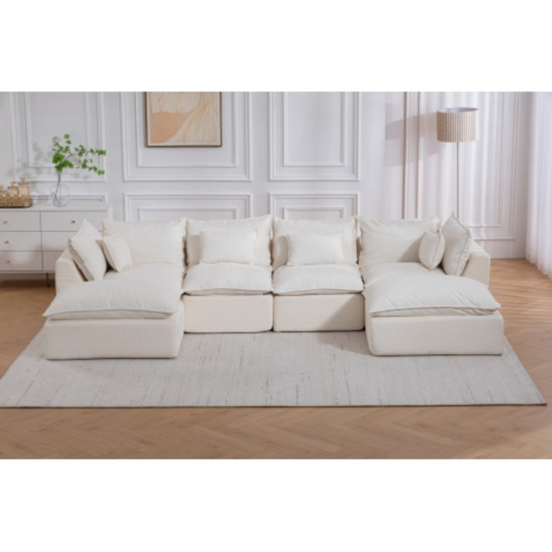 Canapé modulaire surdimensionné avec 2 repose-pieds 129,8 po Cloud Couch, Mélange de coton blanc
