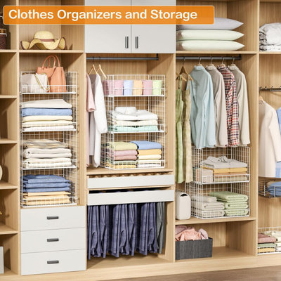 Organisateurs de placard empilables à 4 niveaux et tablettes de rangement, système d'organisation de tablettes de placard pliable, bacs de rangement empilables pour système d'organisation de vêtements, blanc