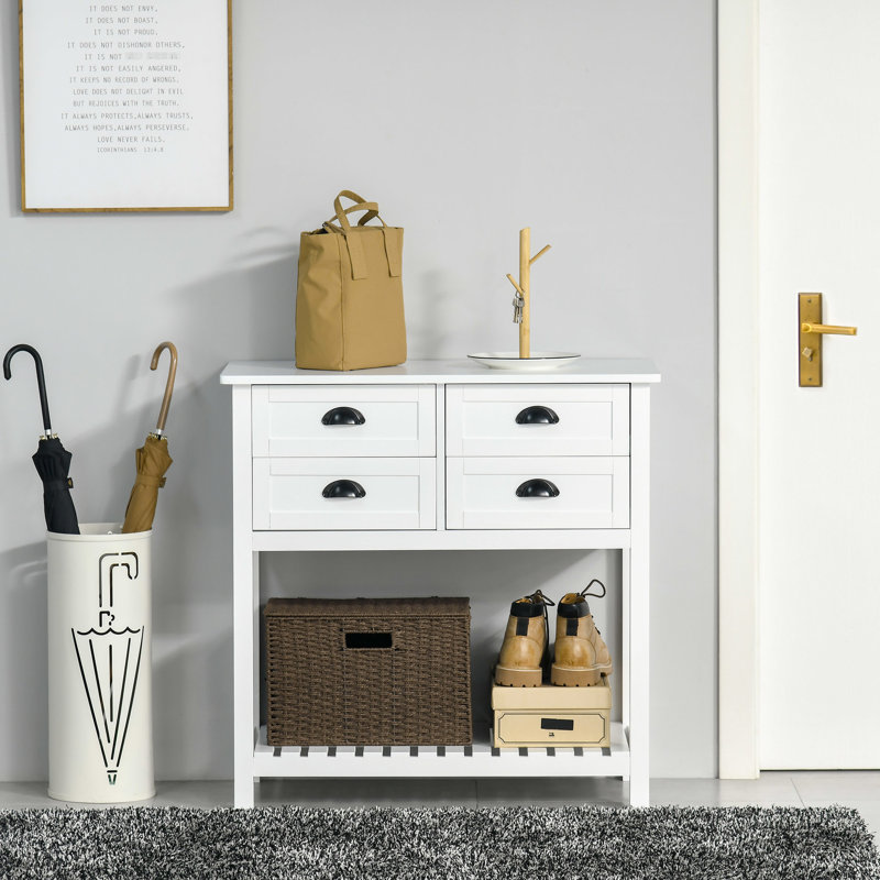 Armoire de rangement blanche à 4 tiroirs et tablette à lattes pour la cuisine, côté salon avec 4 tablettes