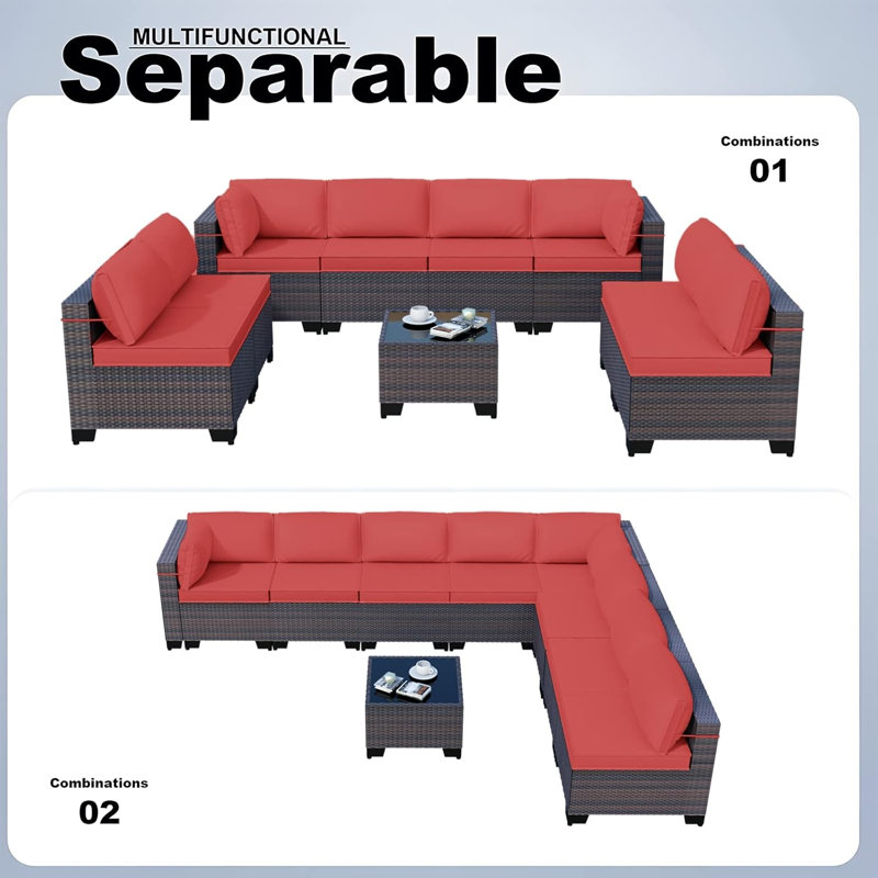 Yasmina 9-Piece Rattan Sectional Seating Group with Cushions And Tempered Glass Table, Red