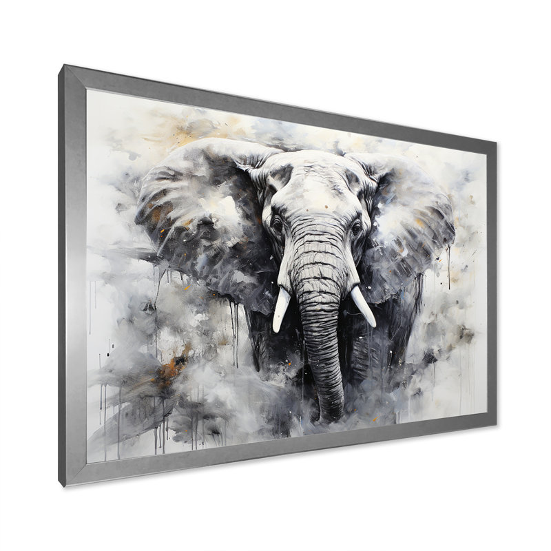 Noir et blanc doux éléphants géants, Cadre simple argenté, H 34 po x l 44 po