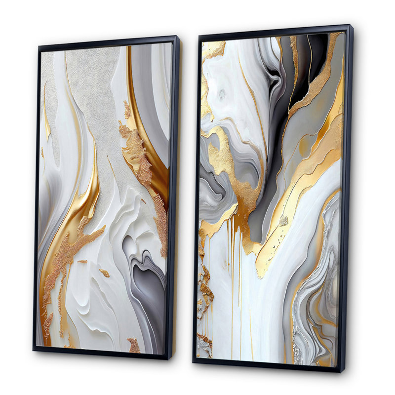 «White And Gold Marble Abstract I», 2 pièces sur toile, Cadre noir, H 40 po x l 40 po
