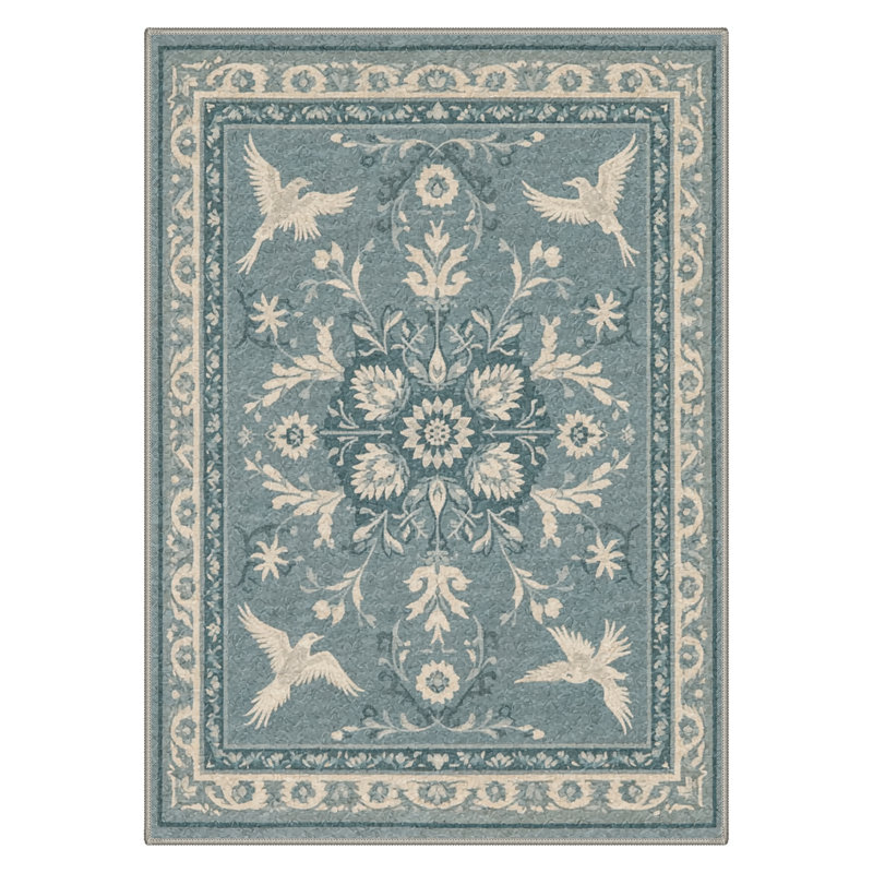 Aarna Bird & Floral Machine Washable Green / Beige Indoor Area Rug with Non-Slip Backing, Round 5' 
