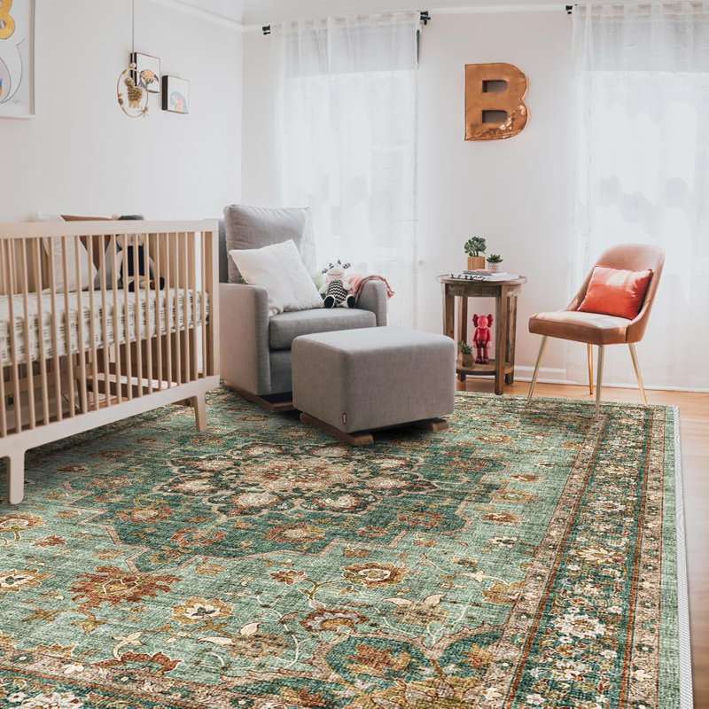 Washable Oriental Area Rug - Rugs for Living Room Soft Carpet for Bedroom Waterproof Floral Distressed Indoor Stain Resistant Non-Shedding Floor Carpets (Green)