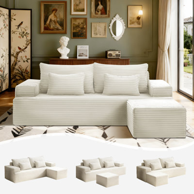 83" L Shaped Sofa Modular, Corduroy Cloud Couches with Deep Seats Couches for Living Room Bedroom with Ottoman, No Assembly Required
