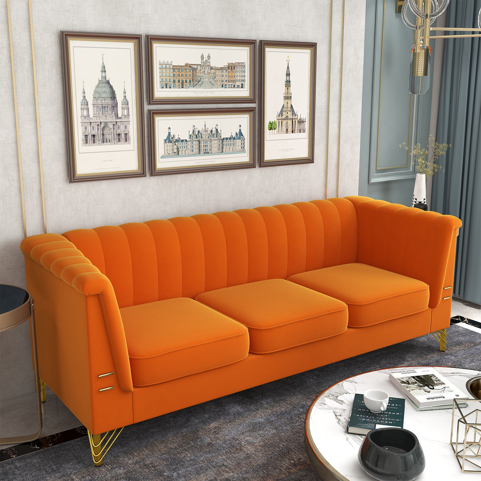 Everly Quinn 83 Inch Wide Luxury Tufted Velvet Rolled Arms Chesterfield ...
