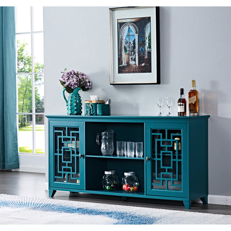 Buffet bleu sarcelle de 60 po et pieds pratiques en bois massif avec tablettes réglables pour buffet Space