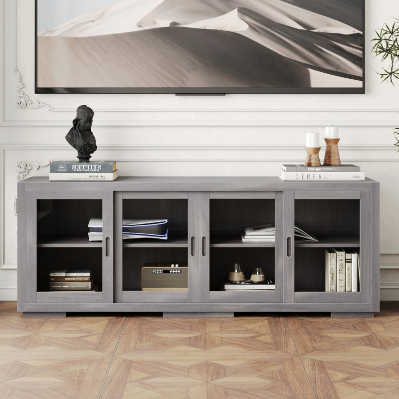 66'' W TV Stand With Adjustable Shelves And Glass Doors, Gray