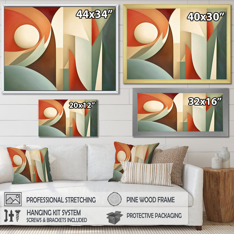 Visions symétriques orange et vertes - formes abstraites, art mural, Cadre flottant doré, H 30 po x l 40 po x P 1,5 po