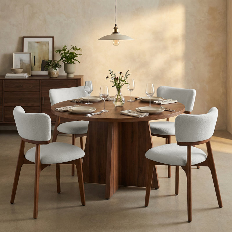 Rohun 47.2"L Round Modern Kitchen Dining Table Set With 32.1"H Dining Chair, Beige, 5 Pieces: Table, 4 Chairs, Dark Brown