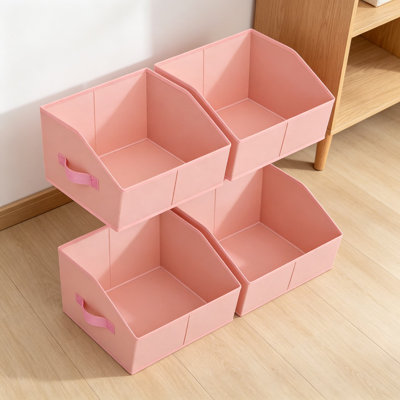 Small Trapezoid Storage Bins for Shelves - Fabric Closet Organizer Baskets with Handles, Collapsible Cube Bins for Clothes, Towels, Purse, 4 Pack, Pink