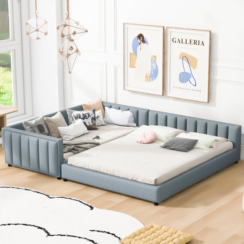 Lit plateforme tapissier grand et simple TG, lit mère et enfant, similicuir, gris