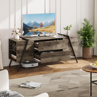 Meuble télé 55 po pour salon, centre de divertissement de ferme avec 2 tiroirs, tablettes réglables