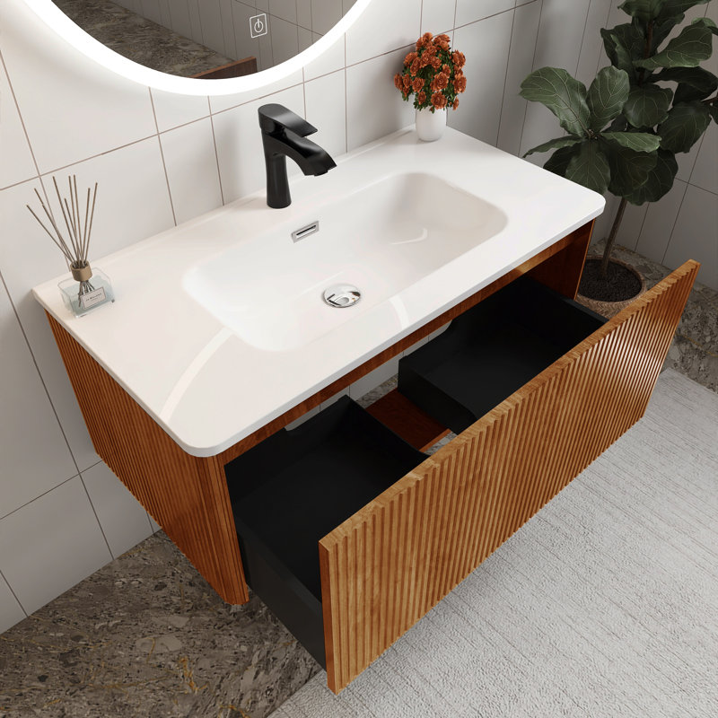 36“ Wall Mounted Floating Bathroom Vanity With White Ceramic Sink