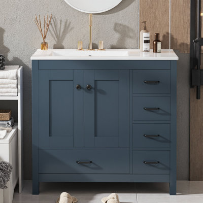 Meuble-lavabo bleu 36 po avec lavabo en céramique, 2 portes à fermeture douce et 5 tiroirs pour rangement organisé