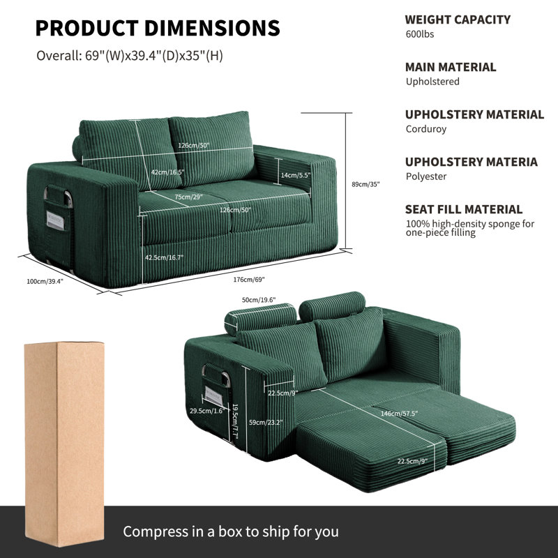 Codeigh Boneless 69'' Convertible Sofa Bed 2 Seats Loveseat Sleeper Sofa Small Couch Sofa, Green