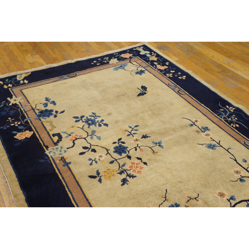 1920s Ivory Small Scatter Size Rectangle Chinese Wool Antique Knotted - Art Deco Rug