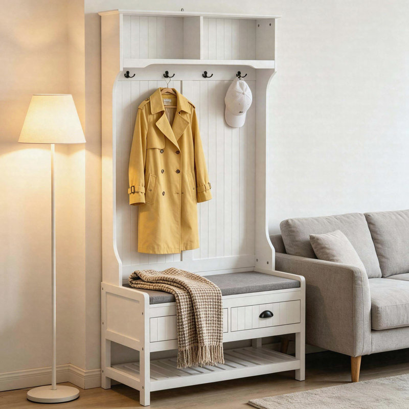 Multifunctional Entryway Hall Tree with Padded Bench, Coat Rack, Drawers and Shoe Storage Shelves