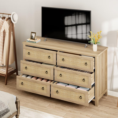 Drawer Dresser for Bedroom, Wide Rattan Dresser, Boho Chest of Drawers, Wooden Chest with Clothes Storage Cabinet
