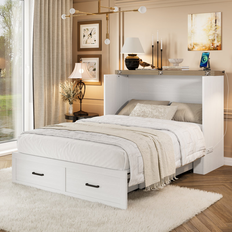 Murphy Bed Cabinet with Charging Station, Multi-Functional Foldable Platform Bed with 1 Large Storage Drawer for Guest Room, Small Bedroom
