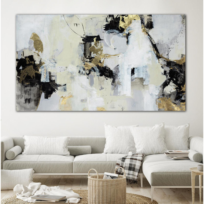 Giant Abstract Canvas Art in Black, White, and Gold