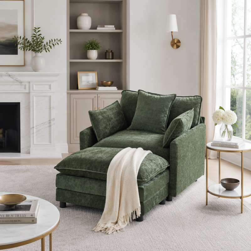 Chaise d'appoint rembourrée en chenille moderne avec repose-pieds, confortable et élégante pour le salon et la chambre à coucher