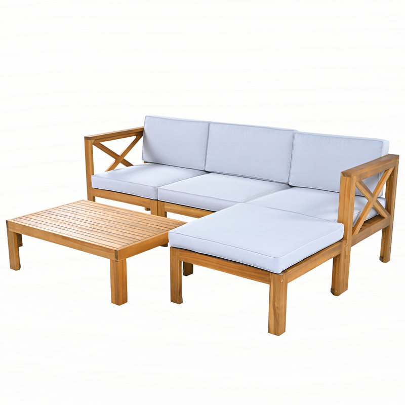 Outdoor Backyard Patio Wood 5-Piece Sectional Sofa Seating Group Set with Cushions, Gray