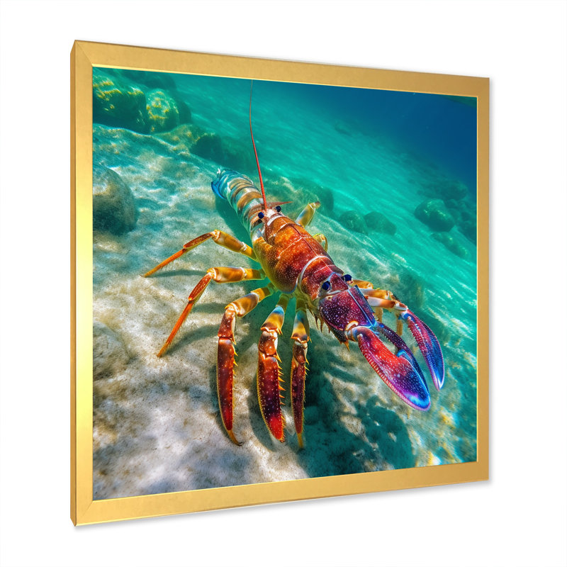 Homard rouge dans une eau turquoise tropicale - impression, H 30 po x l 30 po x P 1 po, Cadre photo doré simple