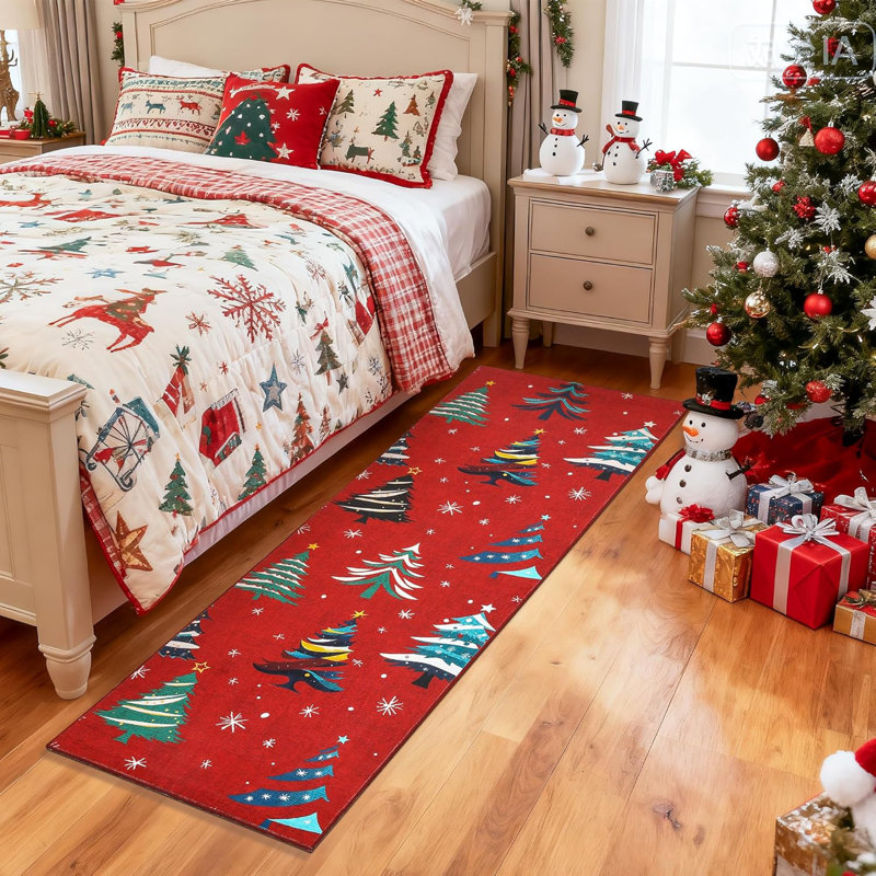 2x6 Runner Rug, Christmas Rugs with Xmas Tree Pattern for Holiday Decor, Non Slip Low Pile Washable Rug for Kitchen, Entryway, Living Room, Bedroom, Red