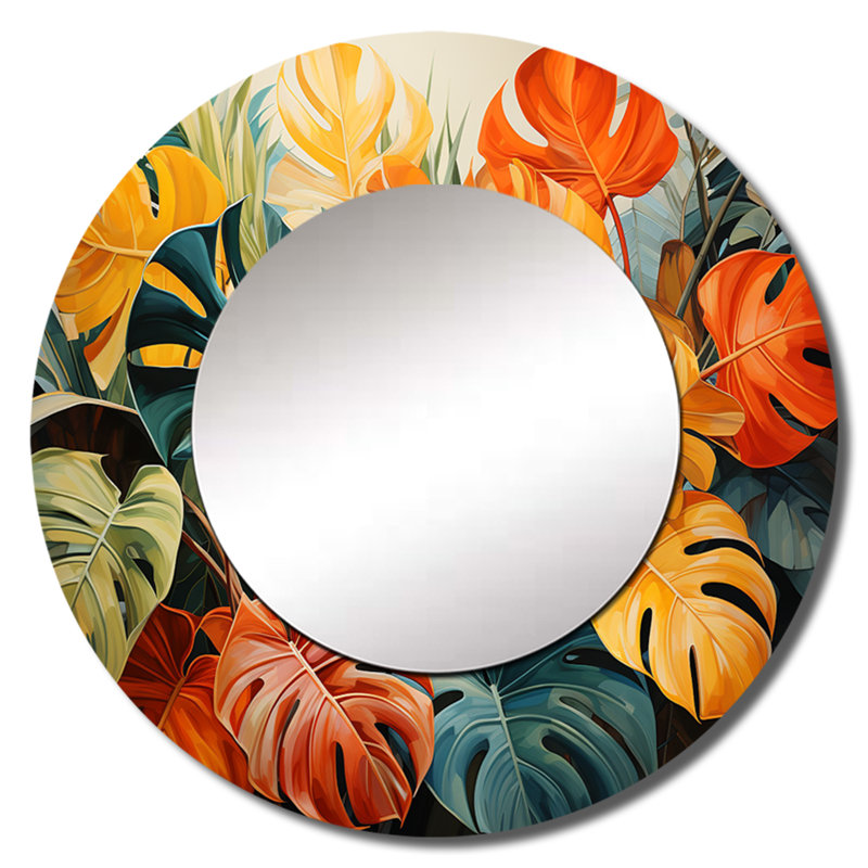 Orange vert tropical plantes III - miroir décoratif de plantes, miroir mural rond orange, impression d'art en métal