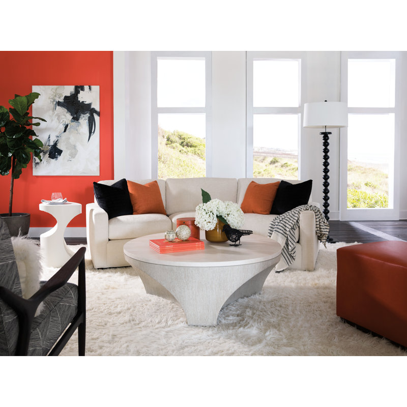 Beige Round Marble and Wood Cocktail Table