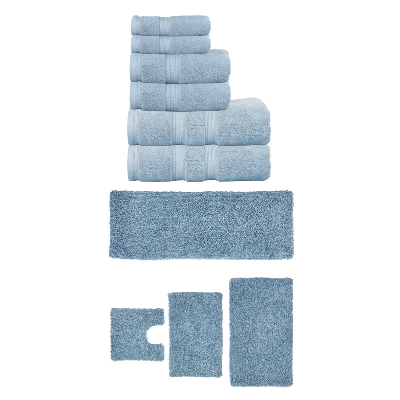 Ensemble de serviettes de bain 6 pièces et de tapis de bain 4 pièces Bruno Collection 100% coton doux (ensemble de 10), Bleu