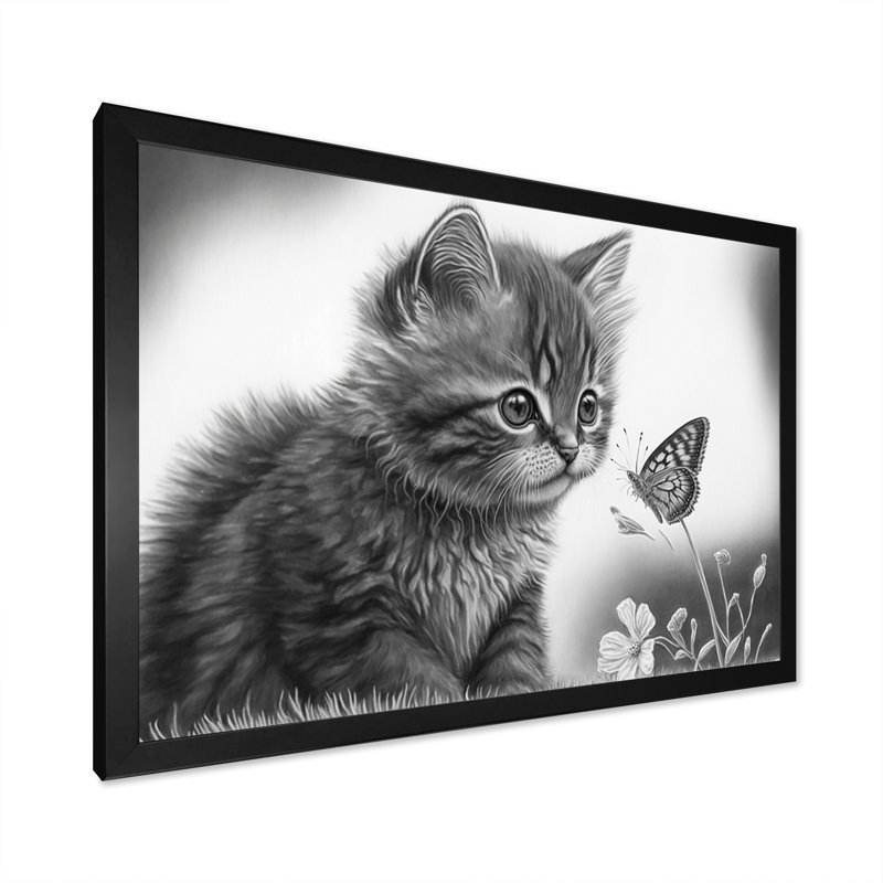 Art numérique sur toile, "Petit chaton avec papillon IV", Cadre noir, L 20 po x H 12 po